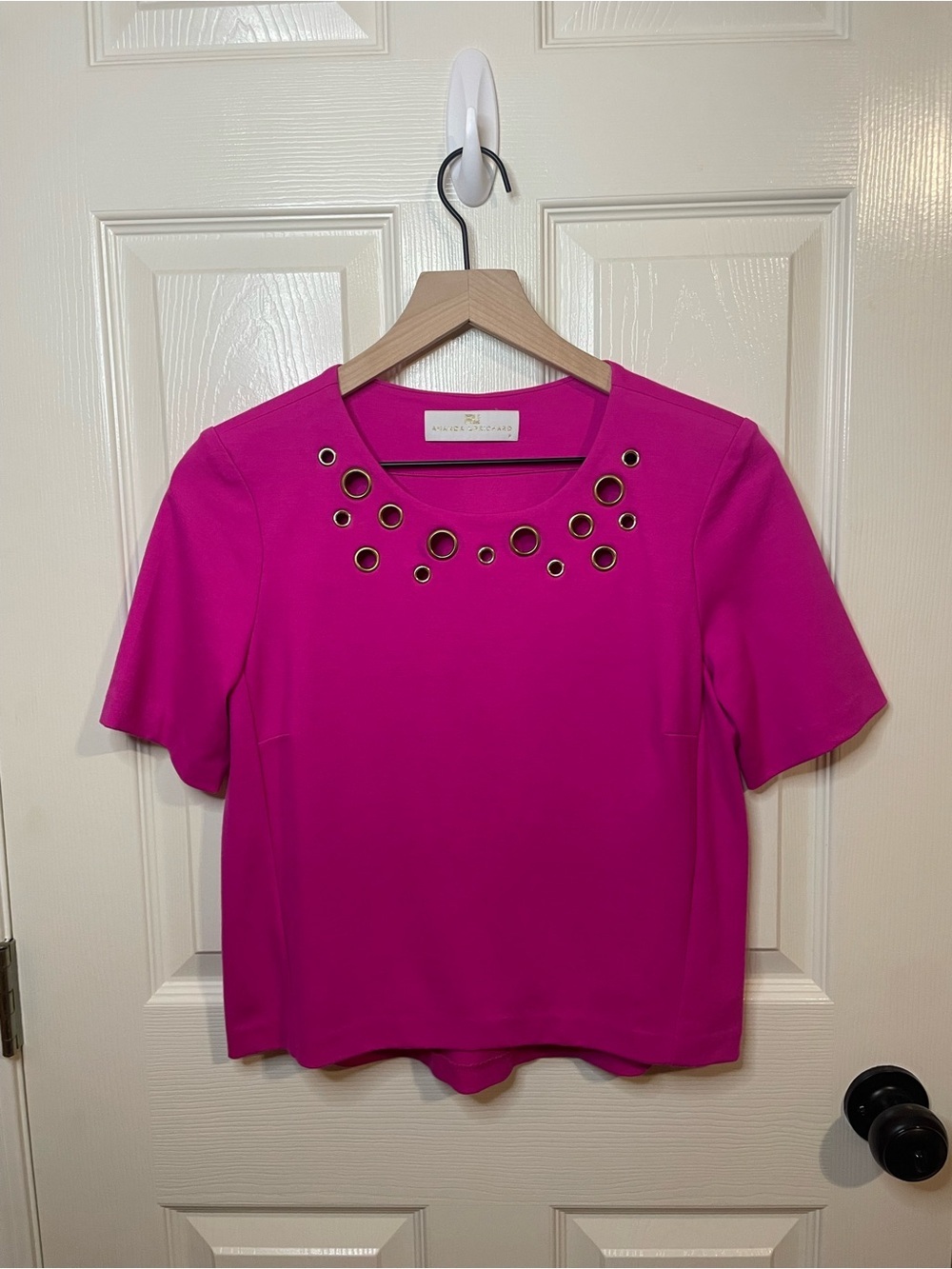Amanda Uprichard Gold Grommet Short Sleeve Top in Hot Pink Old Money Size XS